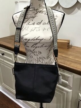 Black Crossbody Bag with Patterned Guitar Strap